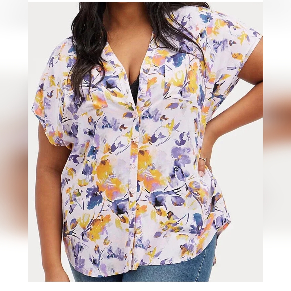 Torrid Floral Rayon Slub Button-Front Dolman Top
